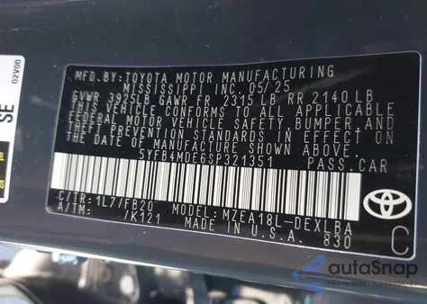 2025 Toyota Corolla Le from USA, damaged, VIN 5YFB4MDE6SP321351